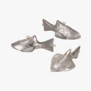 Assorted fish-shaped downrigger weights ranging from 4 to 15 pounds