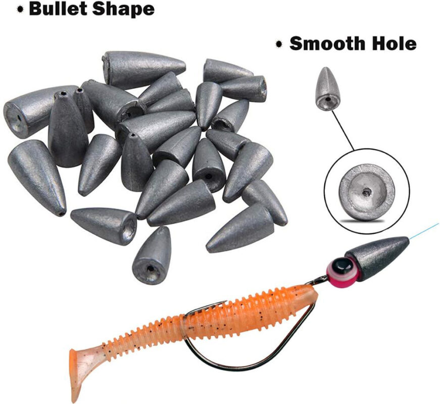 Bullet-shaped fishing sinkers in various sizes for weedless rigs
